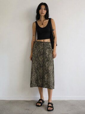 VTG Y2K Olive green Leopard Print Midi Skirt Button Front 90s Indie Chic Grunge